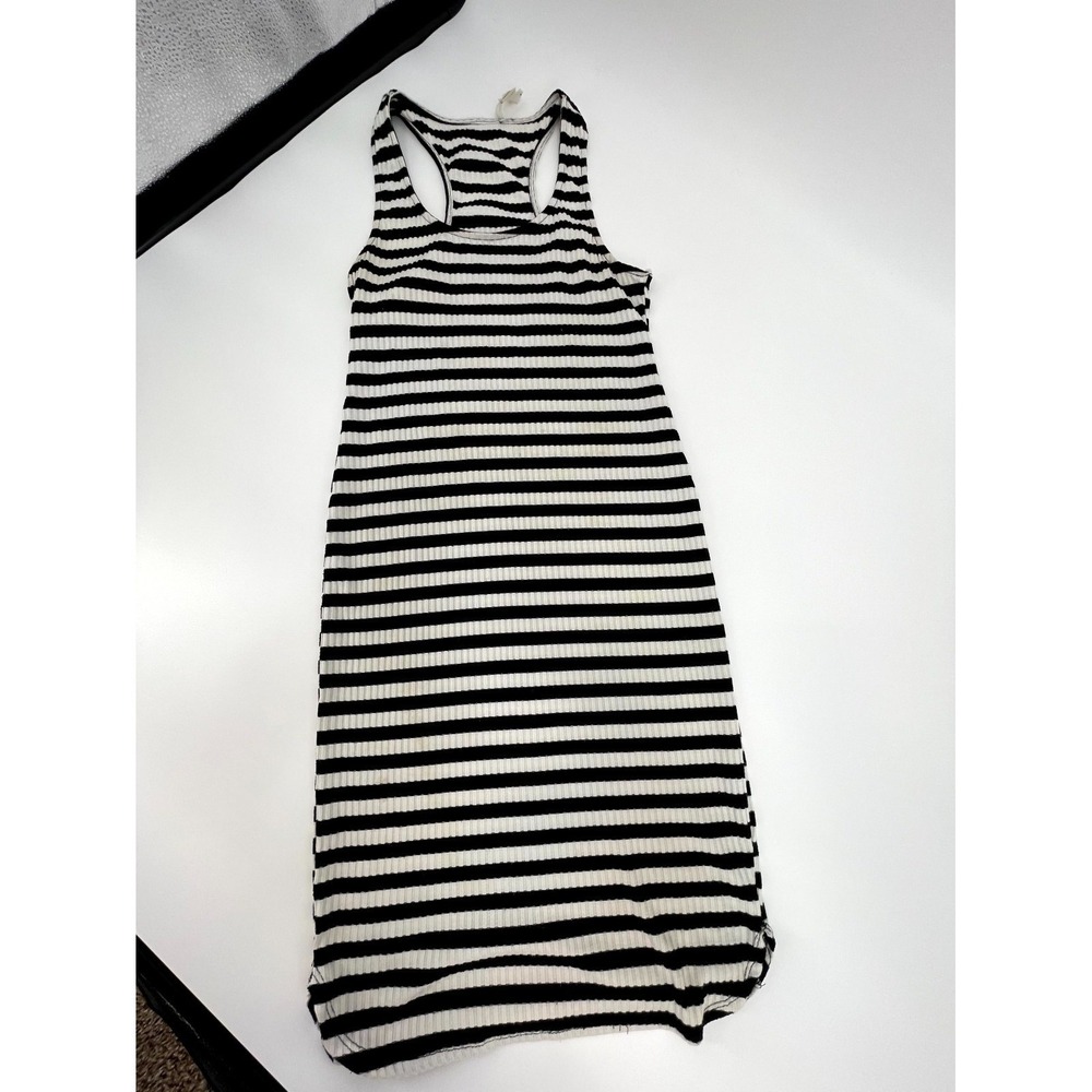 Sans Souci Tank Dress Womens Black White‎ Striped Ribbed Scoop Neck Racerback